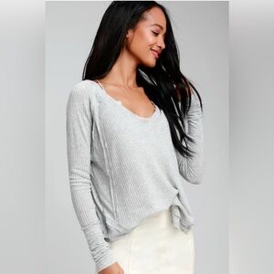 Free People Light Gray Long Sleeve Waffle Knit Top